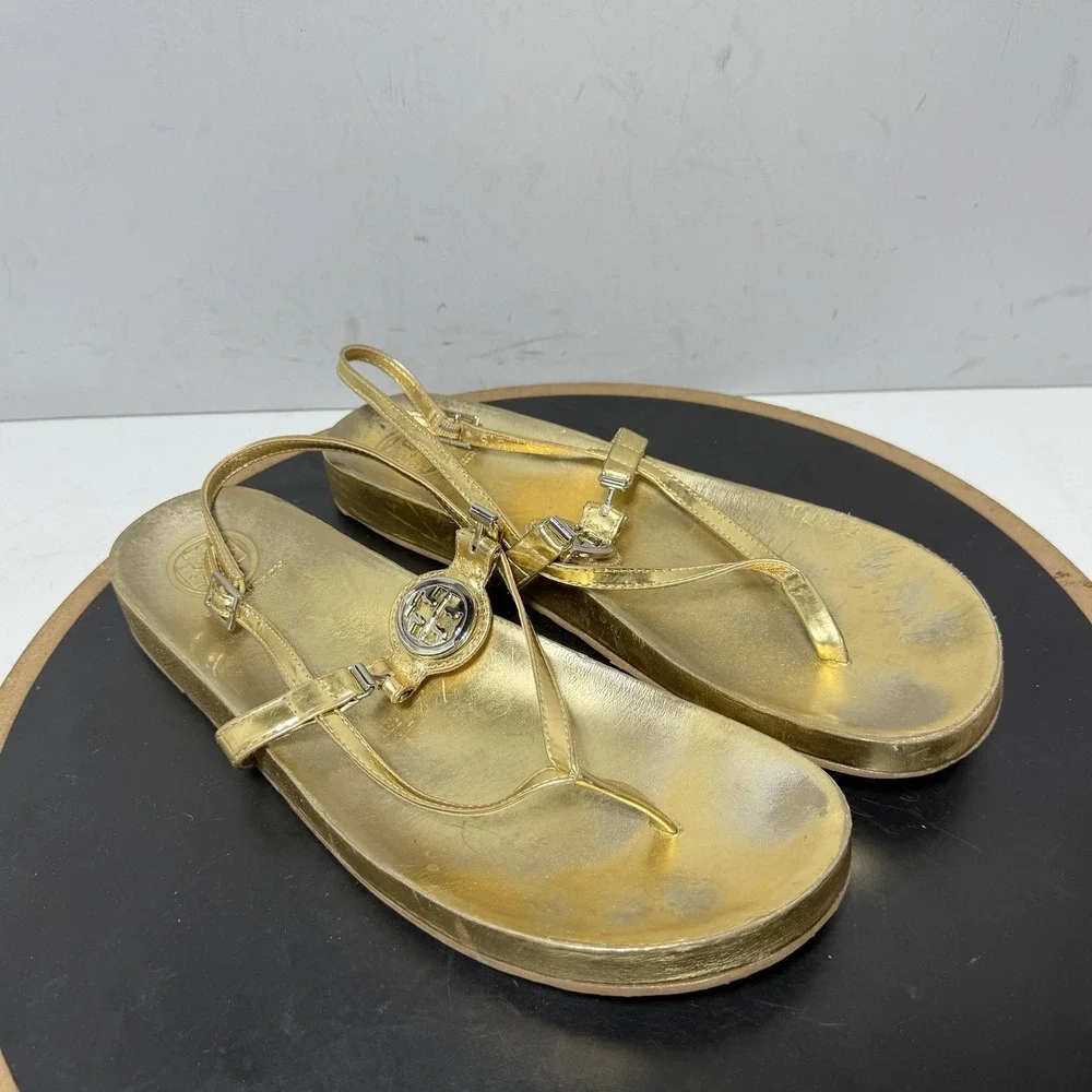 Tory Burch Sandals Womens Size 11 Gold Leather Thong Slingback Logo Casual